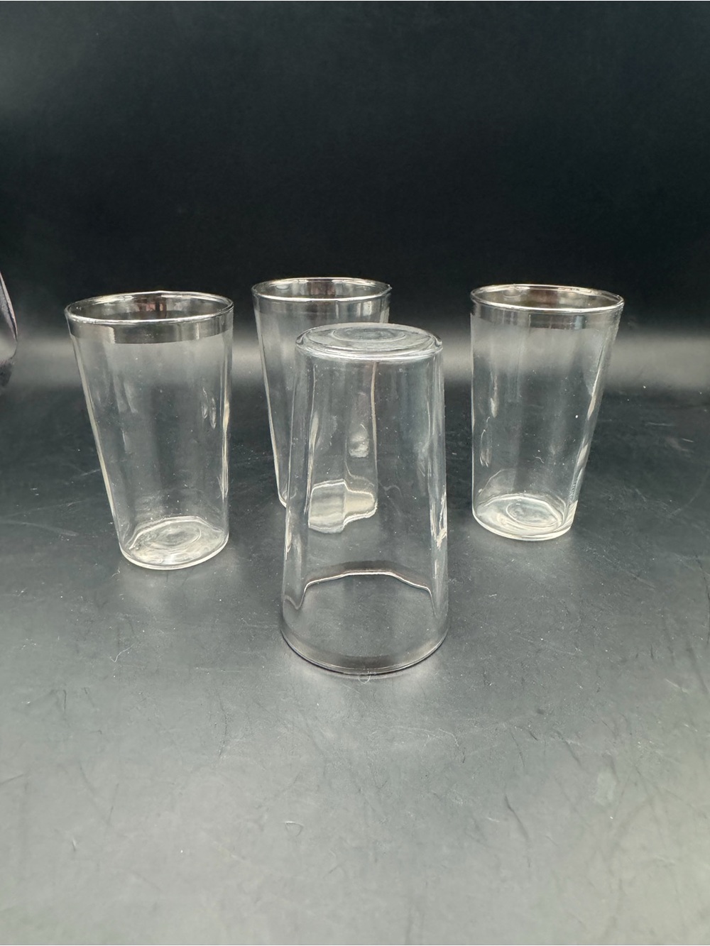 Vintage MCM Pewter Rimmed Set of 4 Clear Glass Tumblers